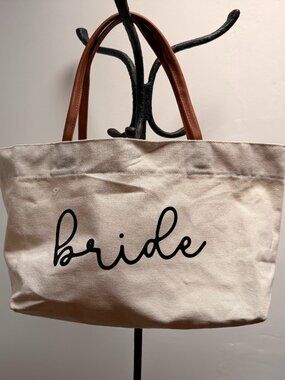 Bride Canvas Tote Bag with Brown Handles